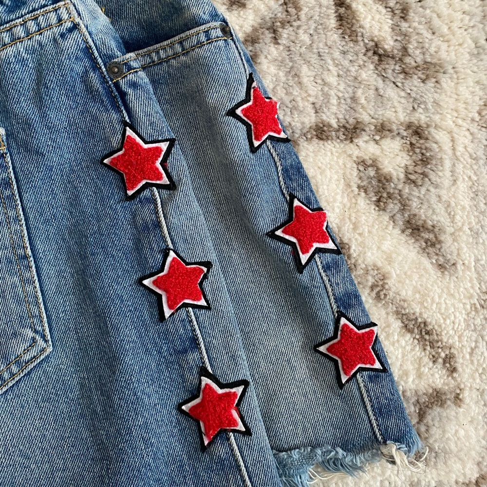 Low Rise Mini Denim Skirt with Red Star Patches